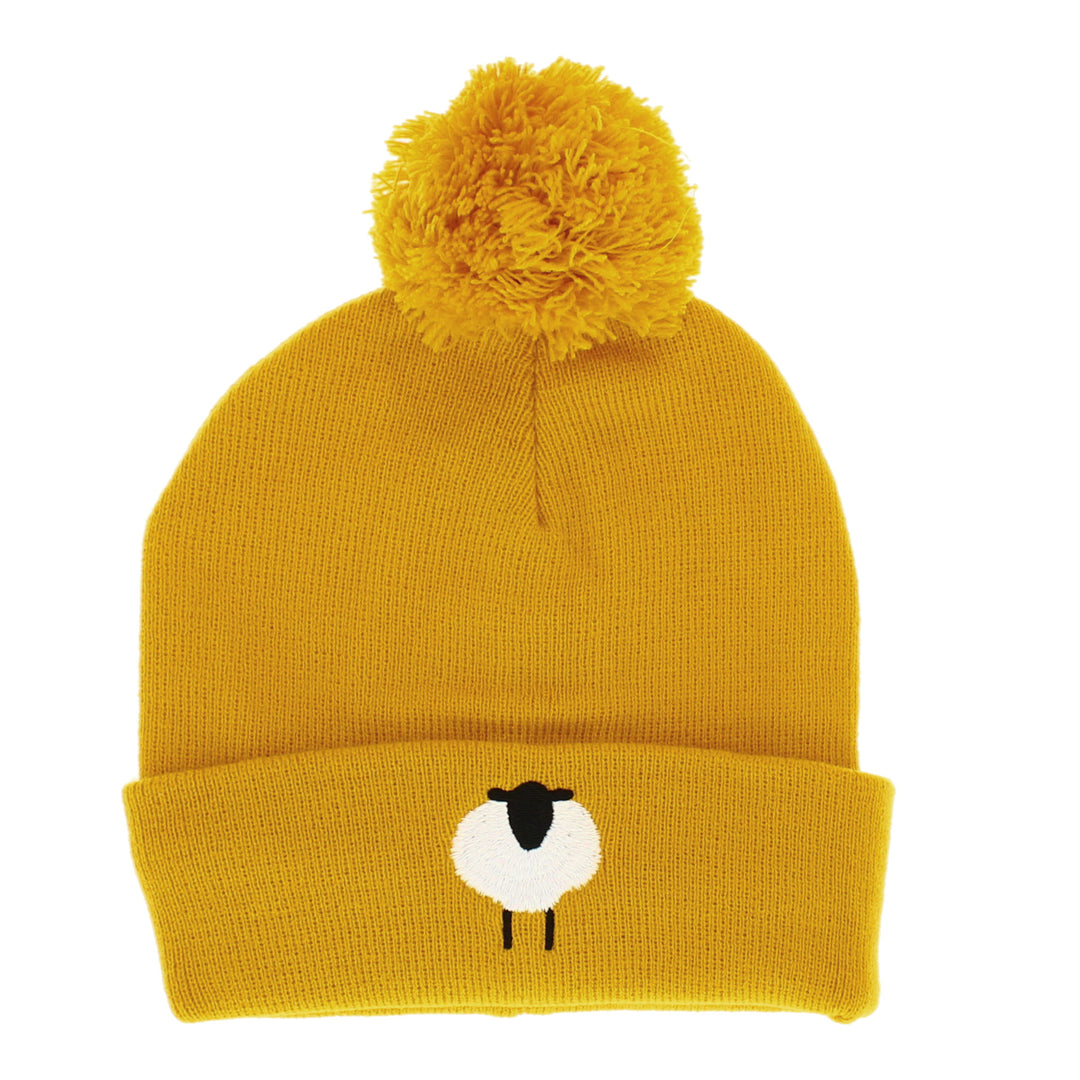 Sheep Embroidered Beanie Hat in Mustard Yellow