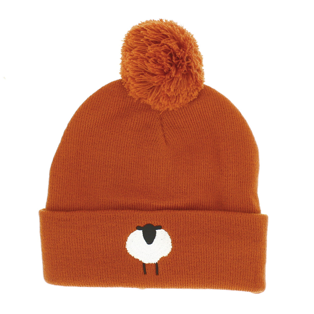 Sheep Embroidered Beanie Hat in Rust