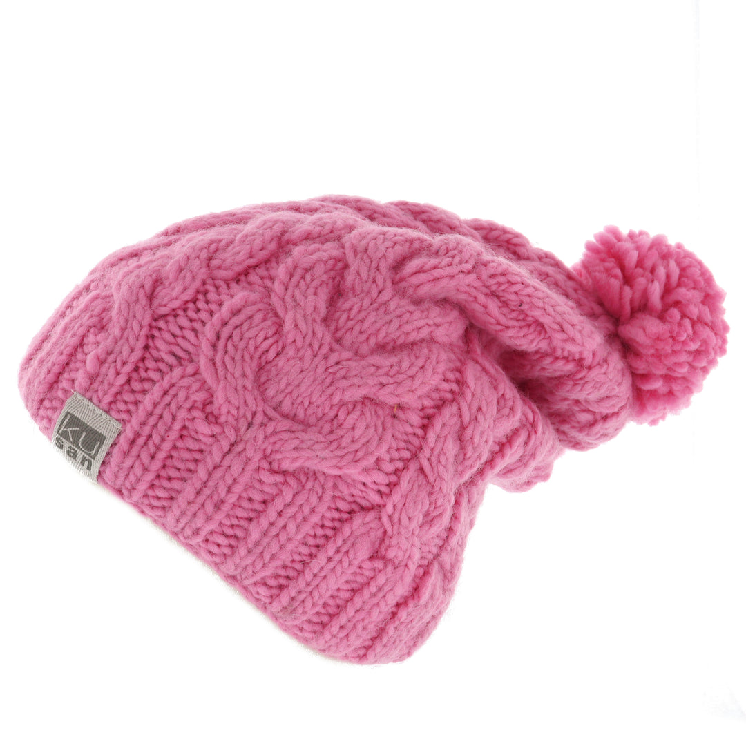 Kusan Cable Knit Floppy Bobble Beanie Hat Pink