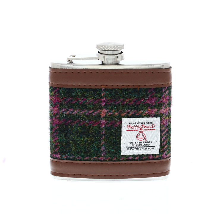 Glen Appin Harris Tweed Hip Flask - Green/Pink Tweed