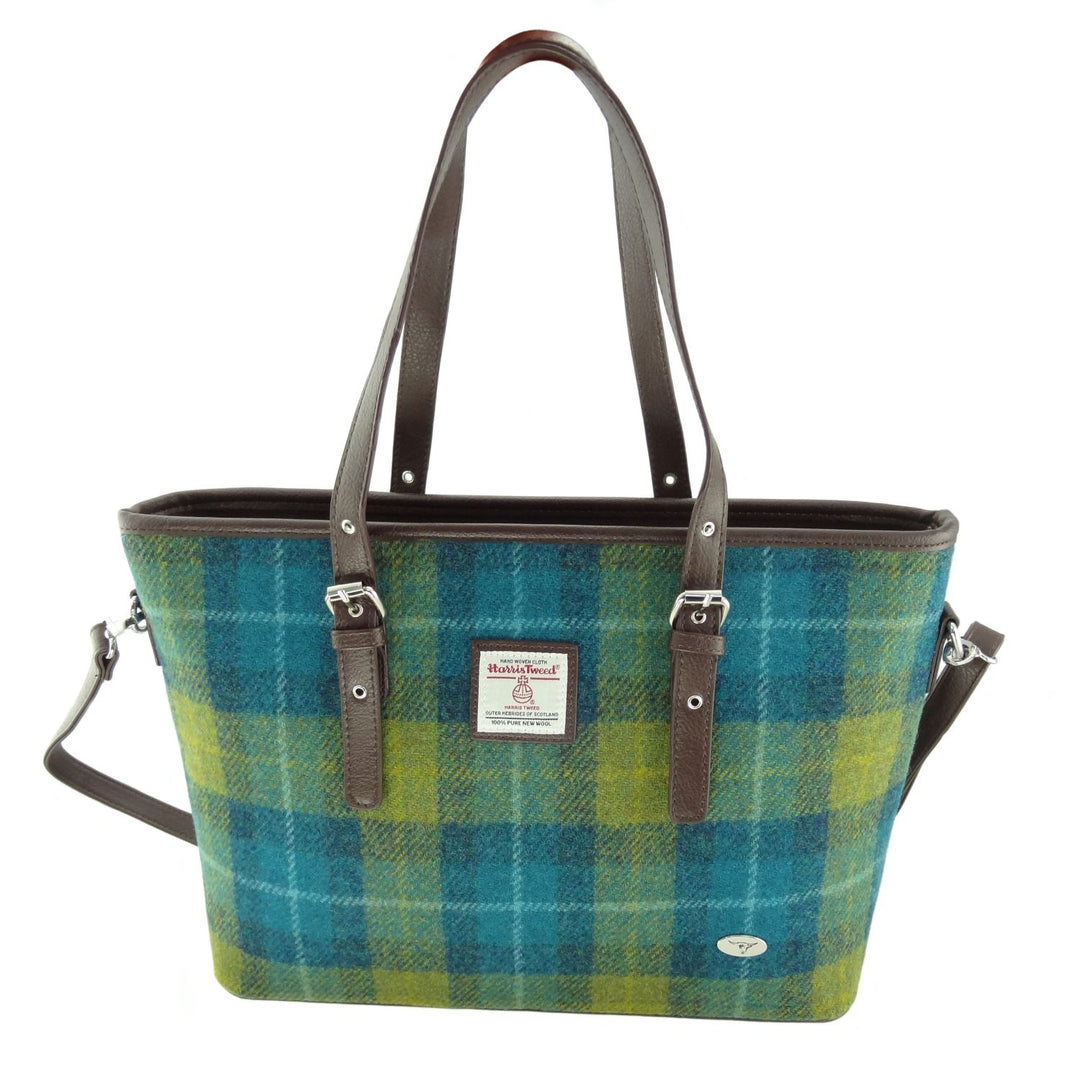 Glen Appin Harris Tweed Classic Spey Tote Handbag Sea Blue & Green Check