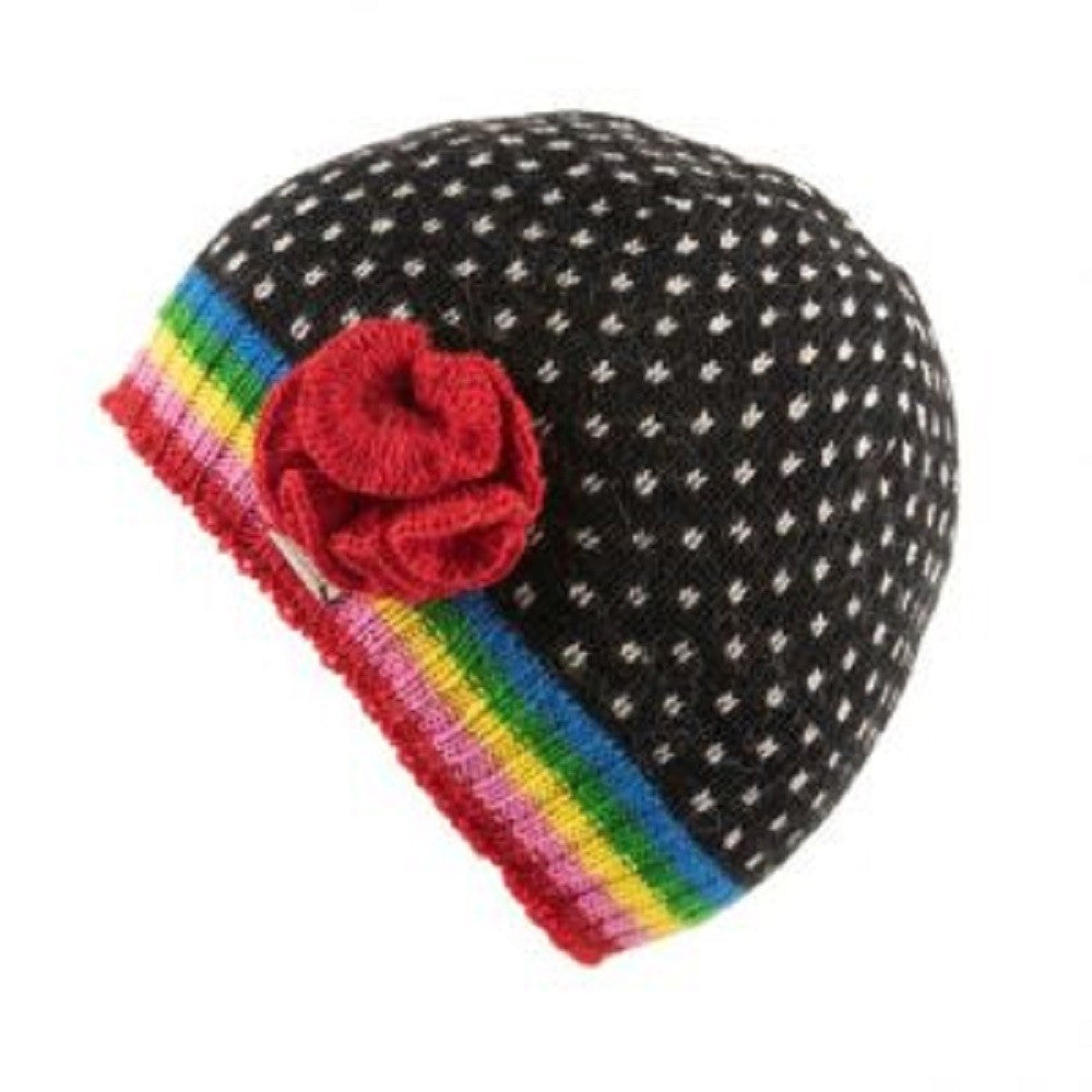 Kusan Fine Gauge Beanie Hat With Removable Flower Brooch Black Rainbow