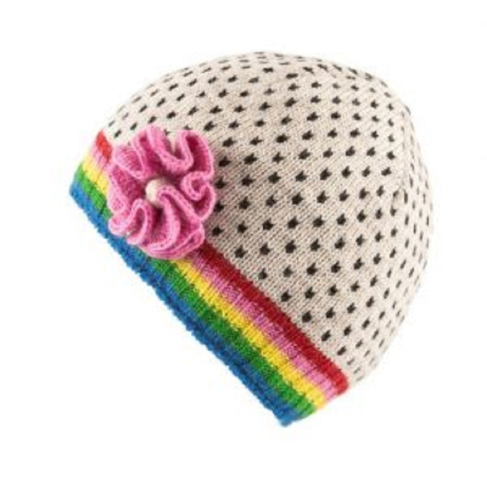 Kusan Fine Gauge Beanie Hat With Removable Flower Brooch Grey Rainbow (PK1909)