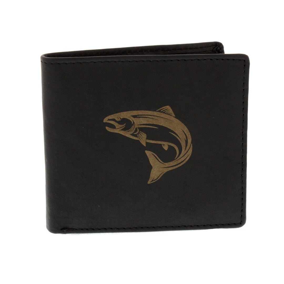 Leather Guild Black Leather Salmon Engraved Wallet