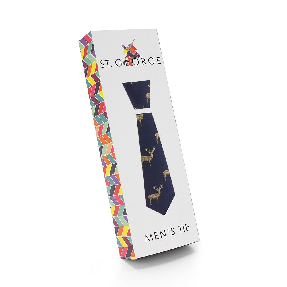 Mens Microfibre Navy Stag Print Neck Tie