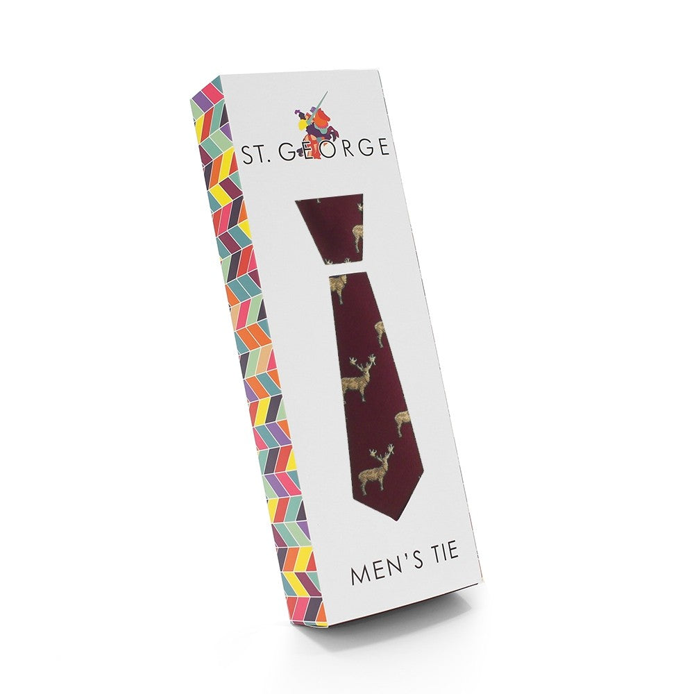 Mens Microfibre Burgundy Stag Print Neck Tie
