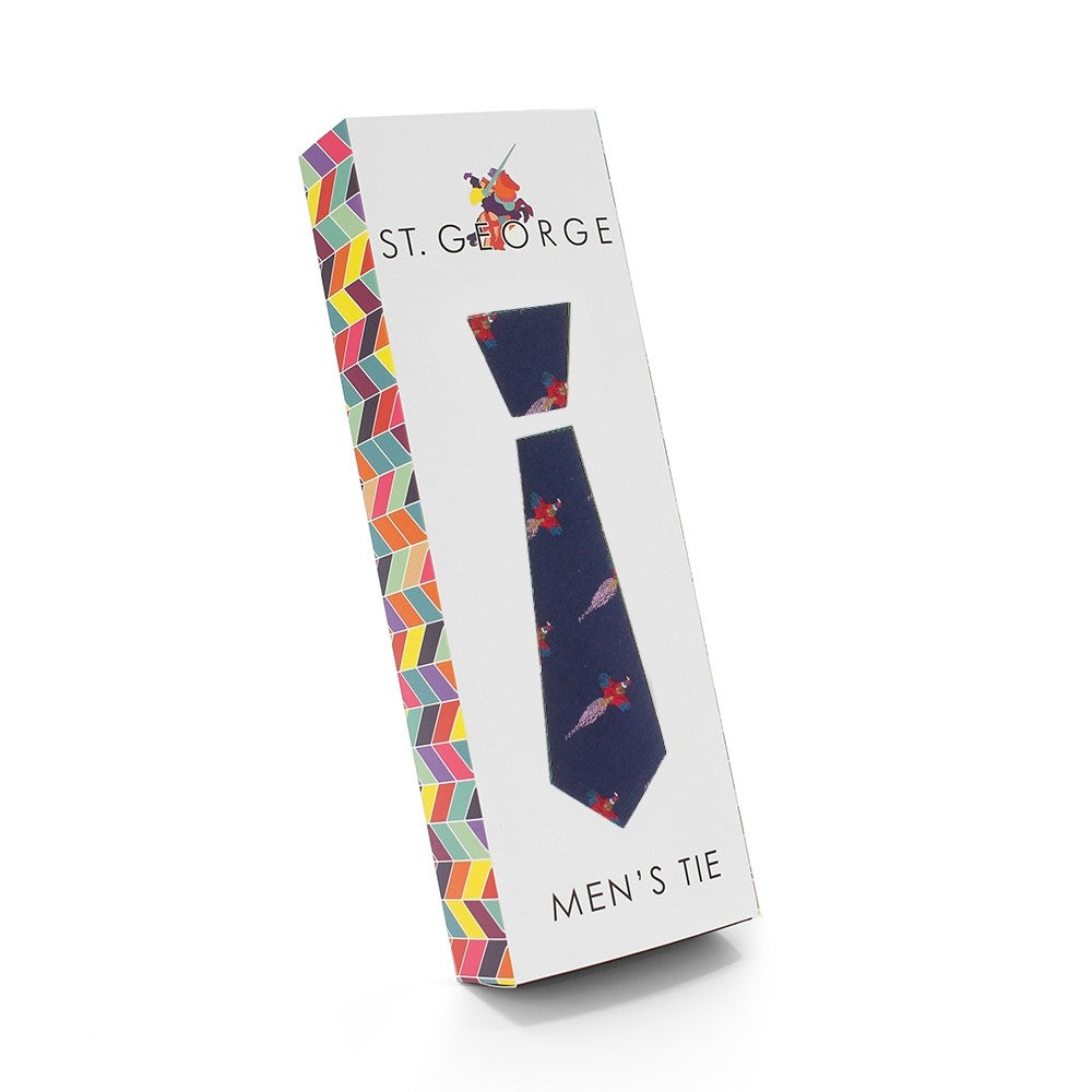 Mens Microfibre Navy Pheasant Print Neck Tie