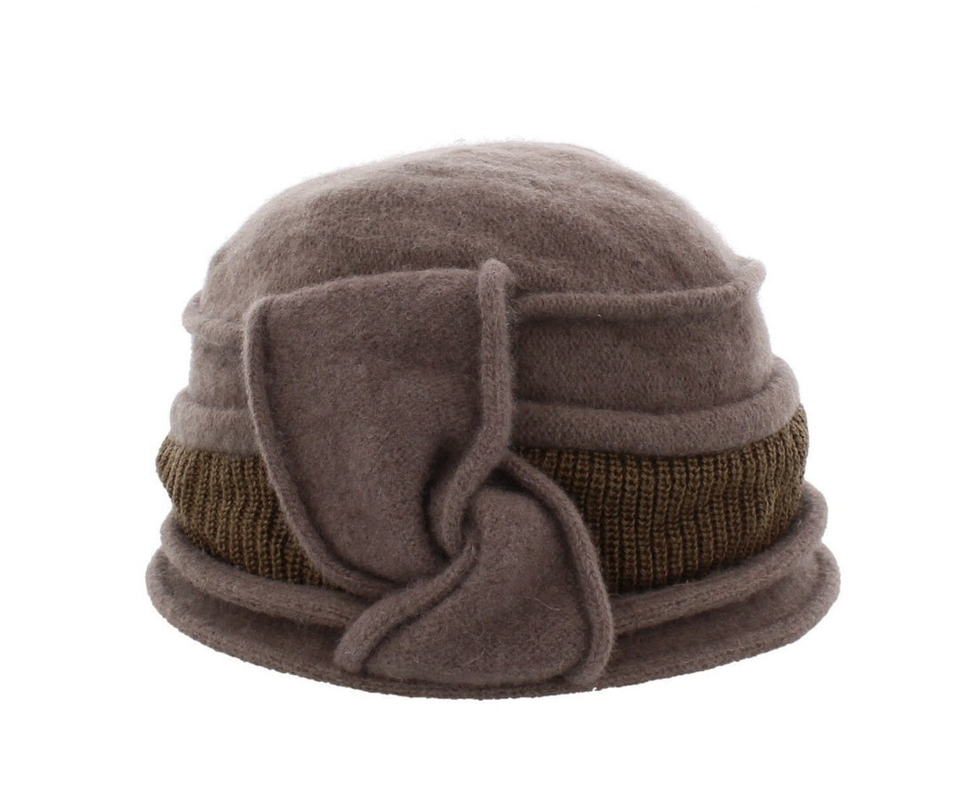 100% Wool Pull On Hat With Knitted Trim Light Brown