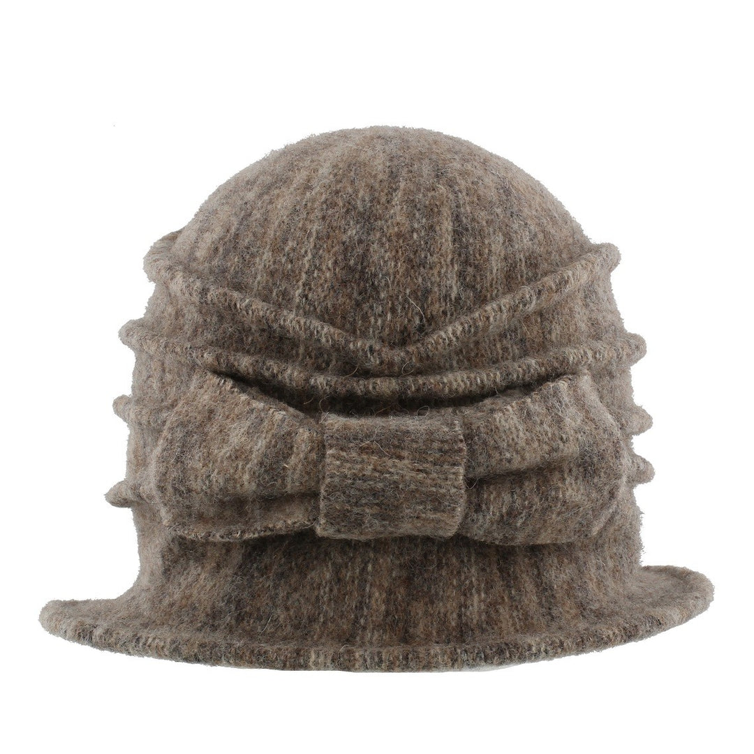 Ladies 100% Wool Pull On Beanie Cloche With Bow Detail Brown