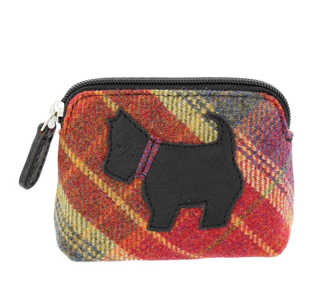 Scottie Dog Black Leather & Red Tweed Small Coin Purse