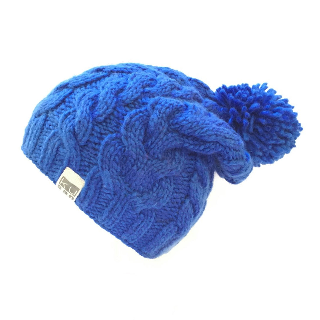 Kusan Cable Knit Floppy Bobble Beanie Hat Blue (PK1128)