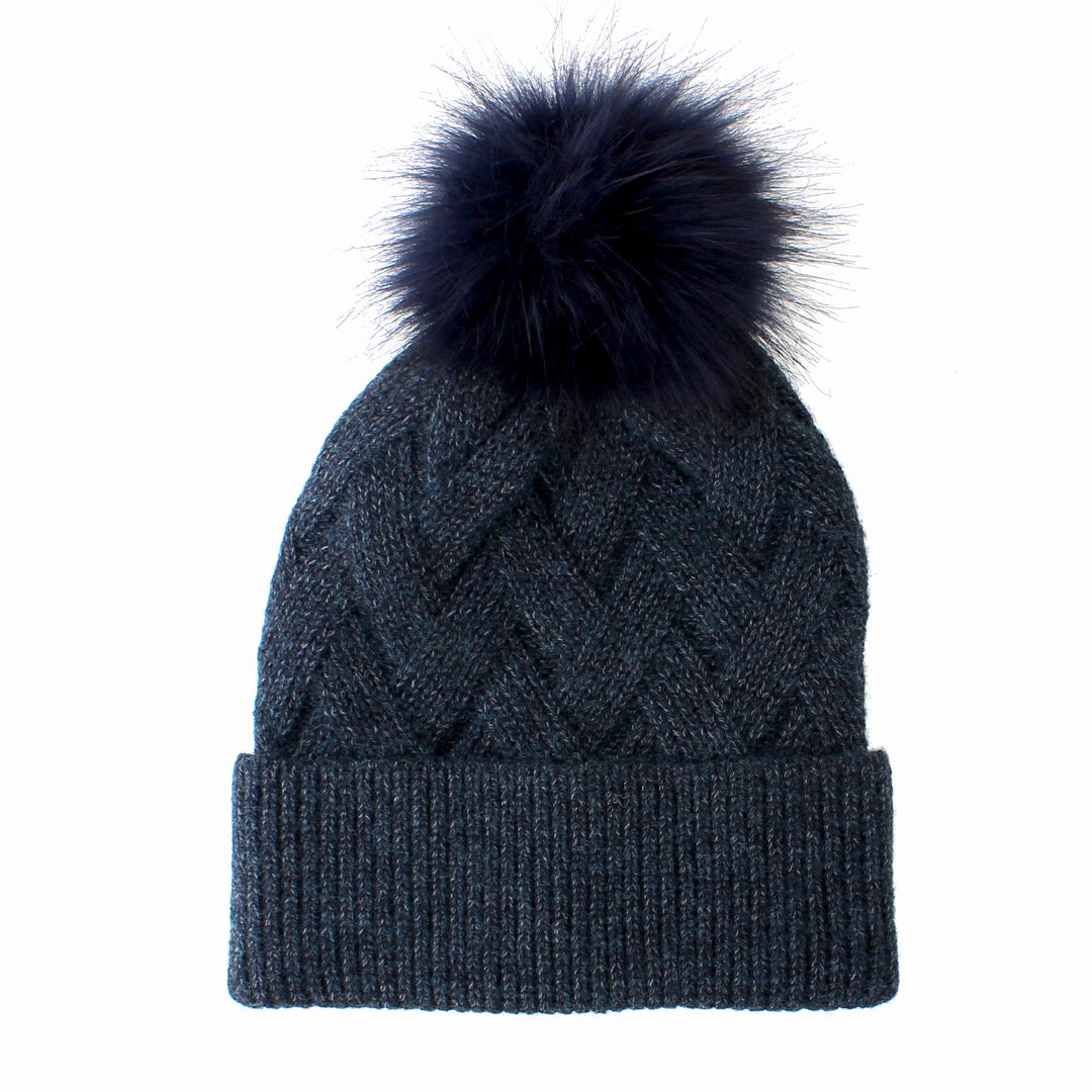 Ladies Winter Weave Pattern Faux Fur Pom Bobble Hat Blue