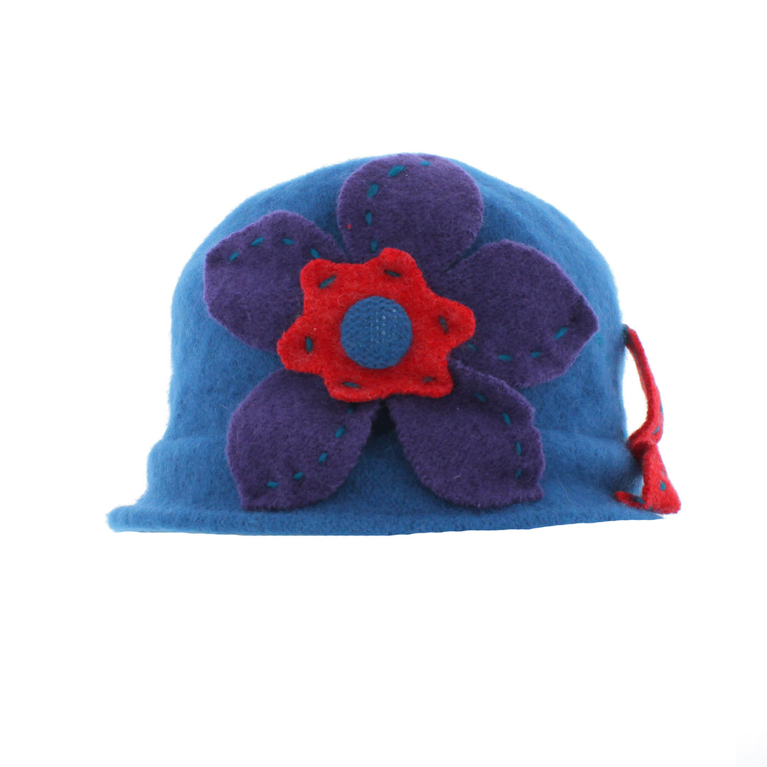 Blue Wool Pull On Beanie With Contrasting Flower Detail (BH5035)