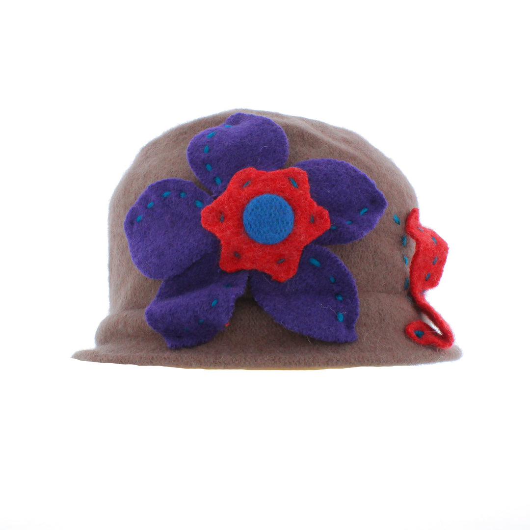 Brown Wool Pull On Beanie With Contrasting Flower Detail (BH5035)
