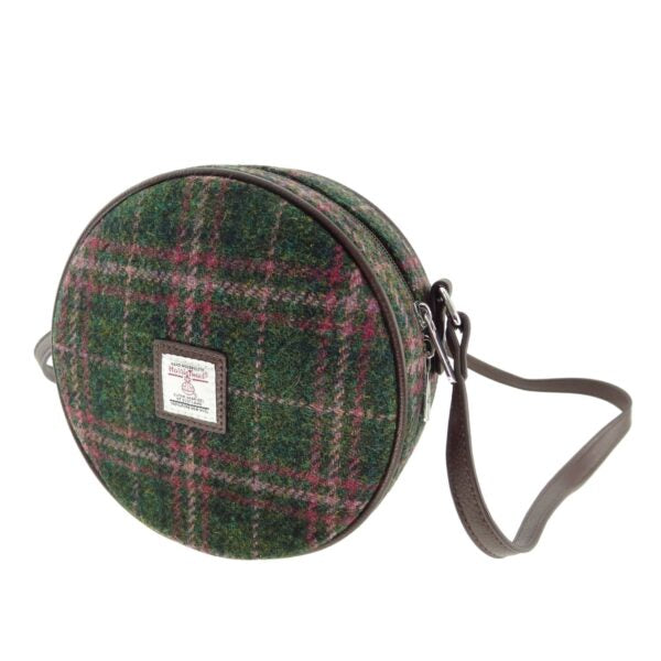 Glen Appin Harris Tweed Bannock Small Round Shoulder Bag Green & Plum Check