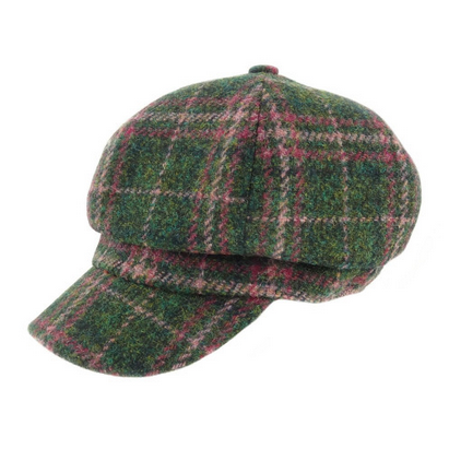 Glen Appin Ladies Harris Tweed Bakerboy Cap Green Check