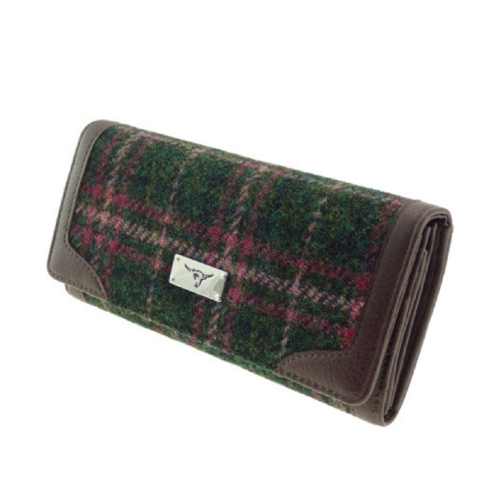Glen Appin Harris Tweed Ladies Bute Fold Over Purse Green/Plum Check