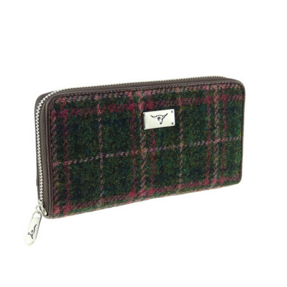 Glen Appin Harris Tweed Ladies Staffa Large Zip Purse Green/Plum Check