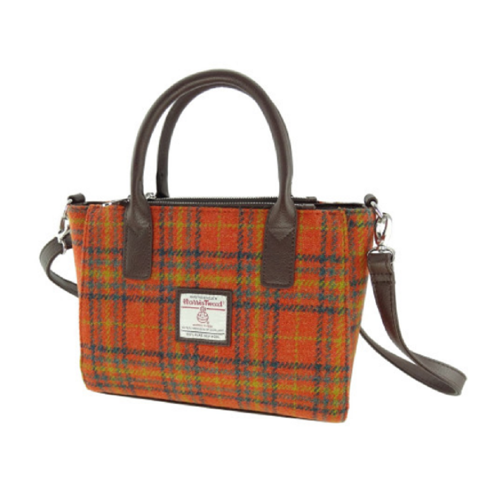 Glen Appin Harris Tweed Brora Tote Handbag Orange Check
