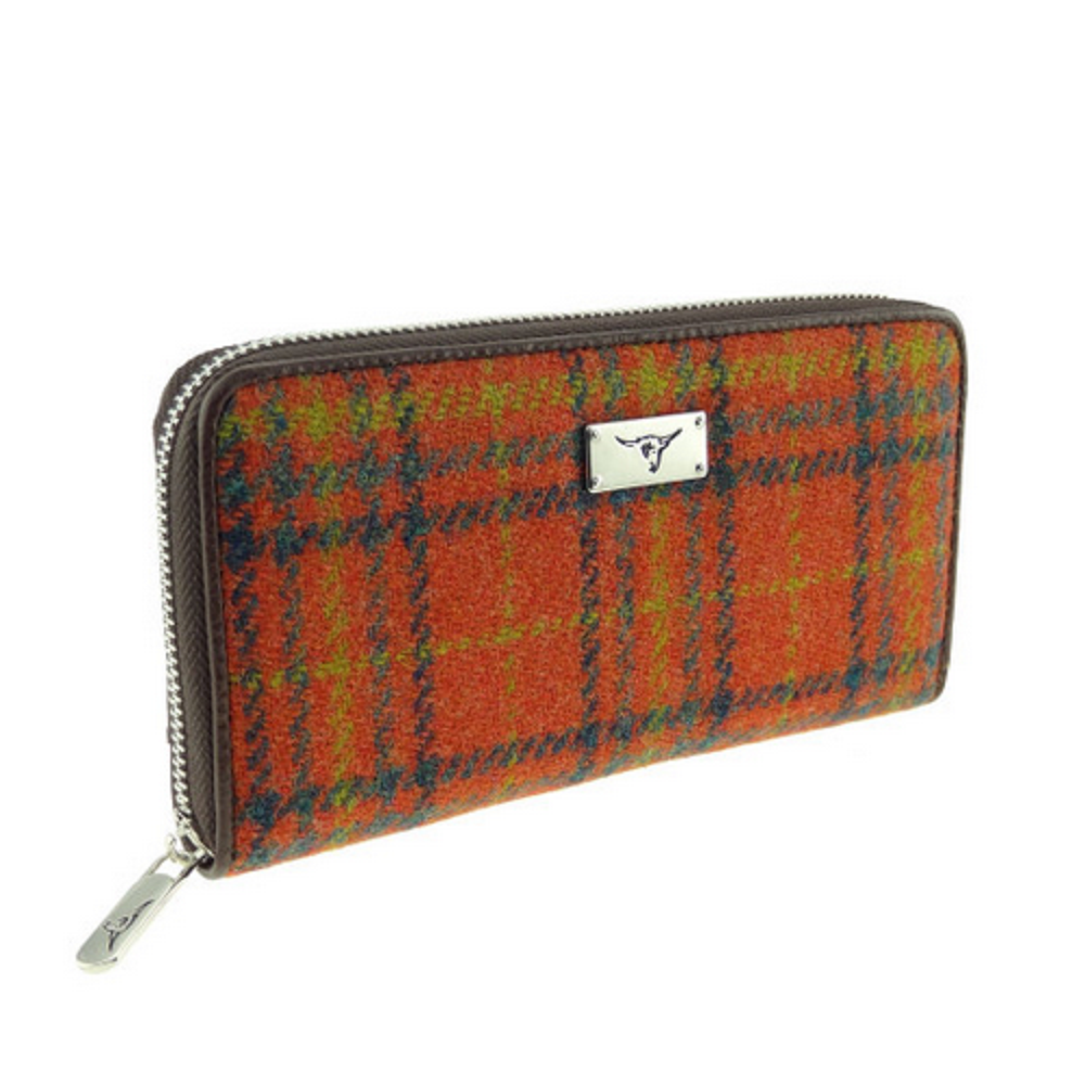 Glen Appin Harris Tweed Ladies Staffa Large Zip Purse Orange Check