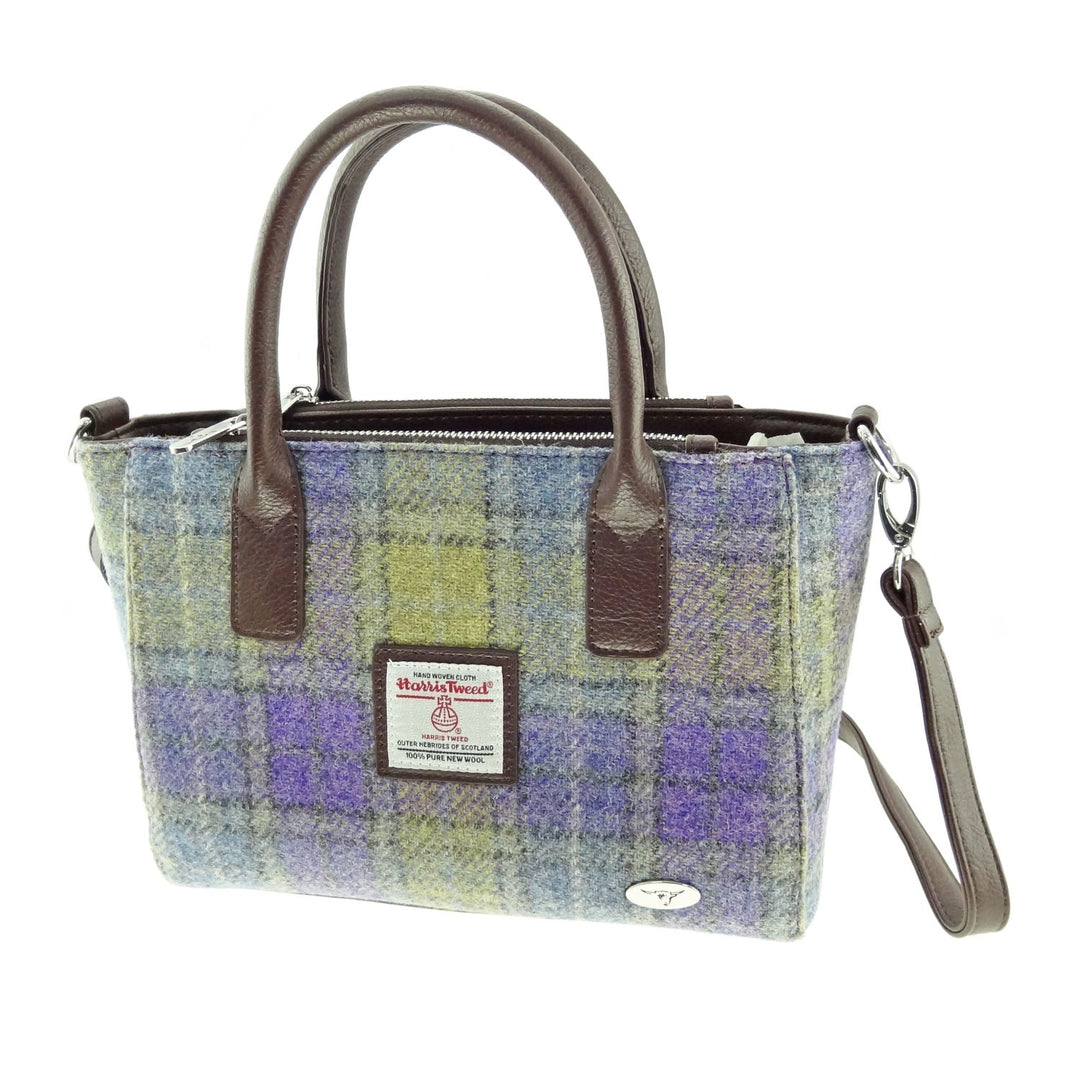Glen Appin Harris Tweed Brora Tote Handbag Lilac and Green Check