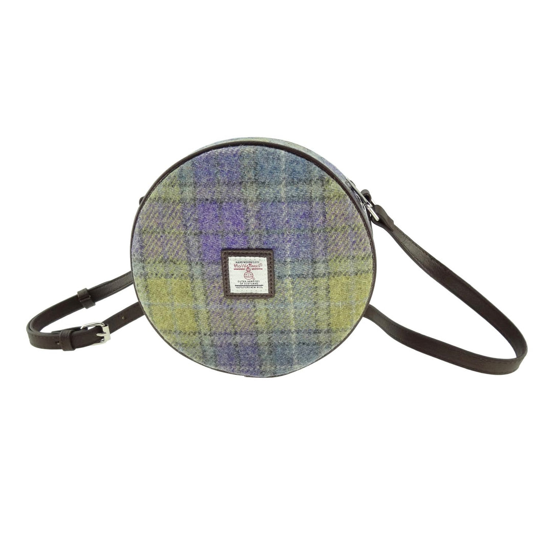 Glen Appin Harris Tweed Bannock Small Round Shoulder Bag Lilac & Green Check