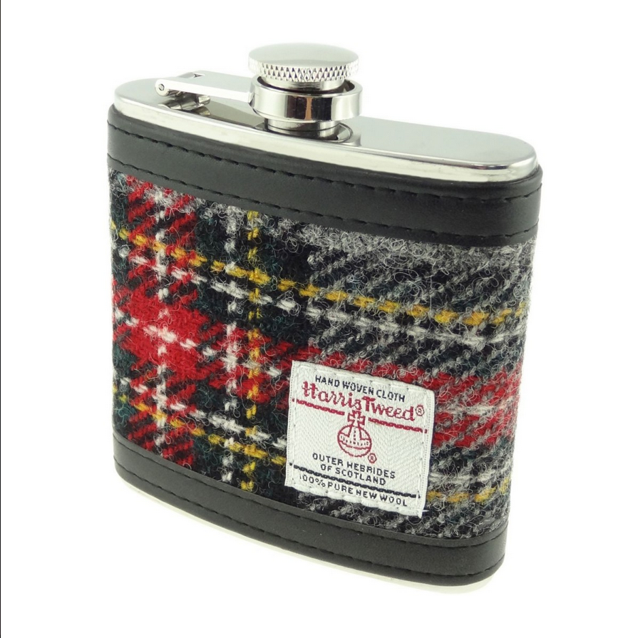 Glen Appin Harris Tweed Hip Flask - Grey/Red Check