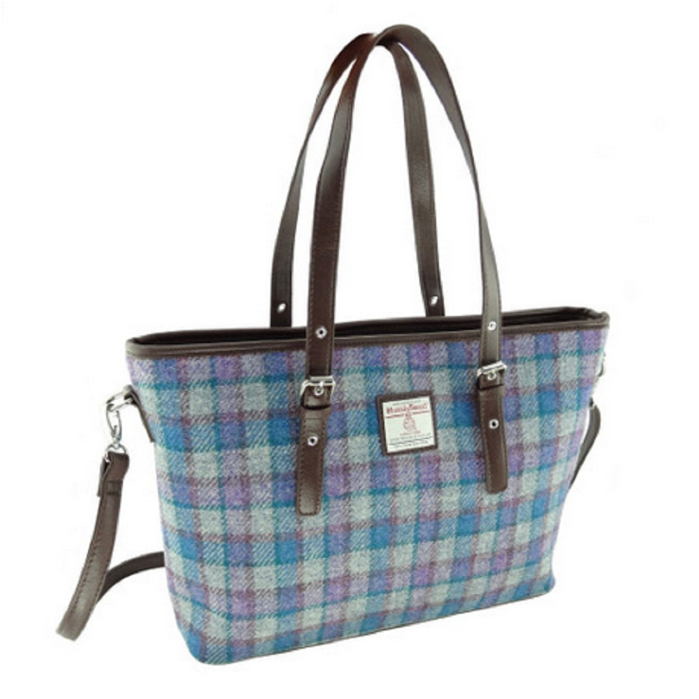 Glen Appin Harris Tweed Classic Spey Tote Handbag Purple/Grey Check