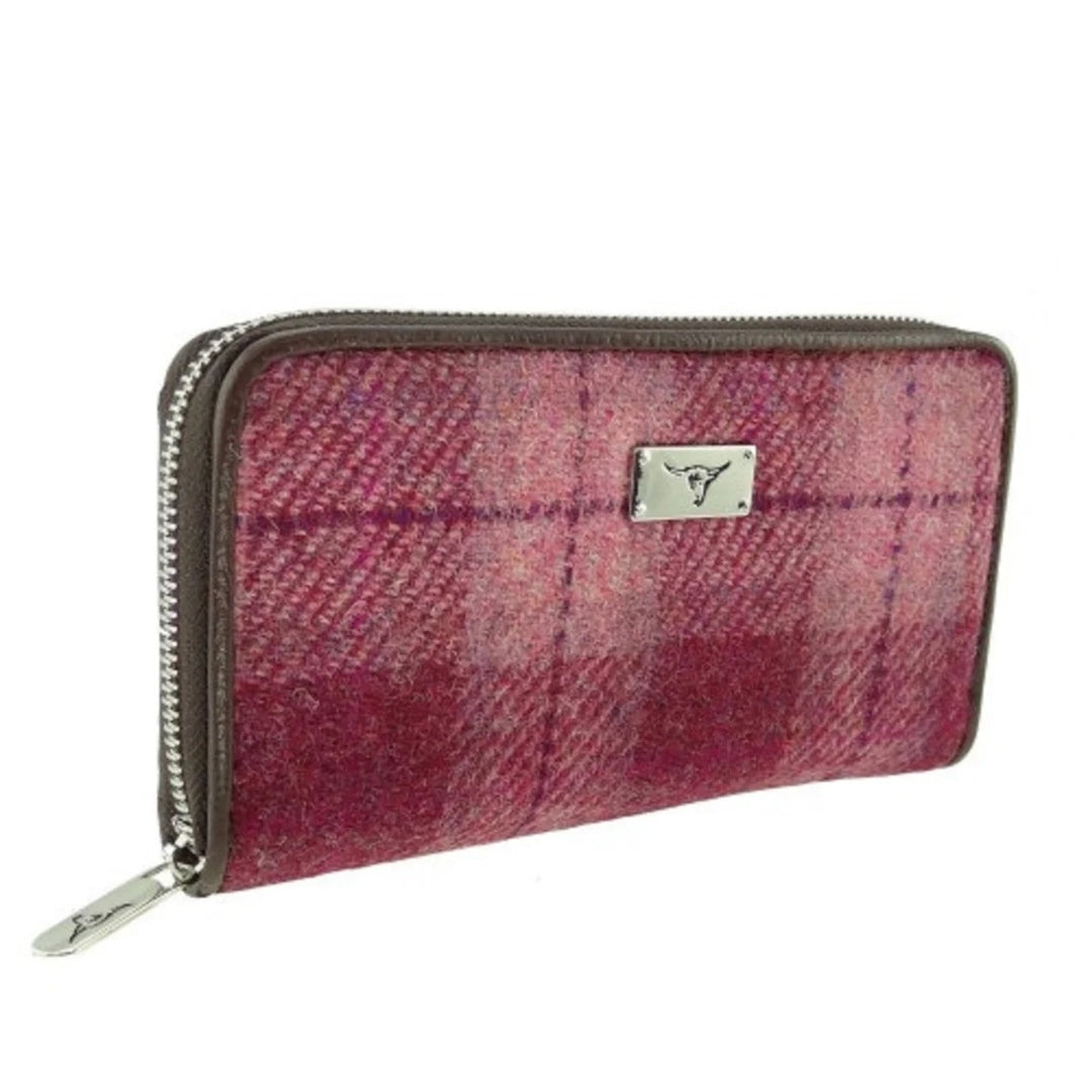 Glen Appin Harris Tweed Ladies Staffa Large Zip Purse Salmon Pink Check