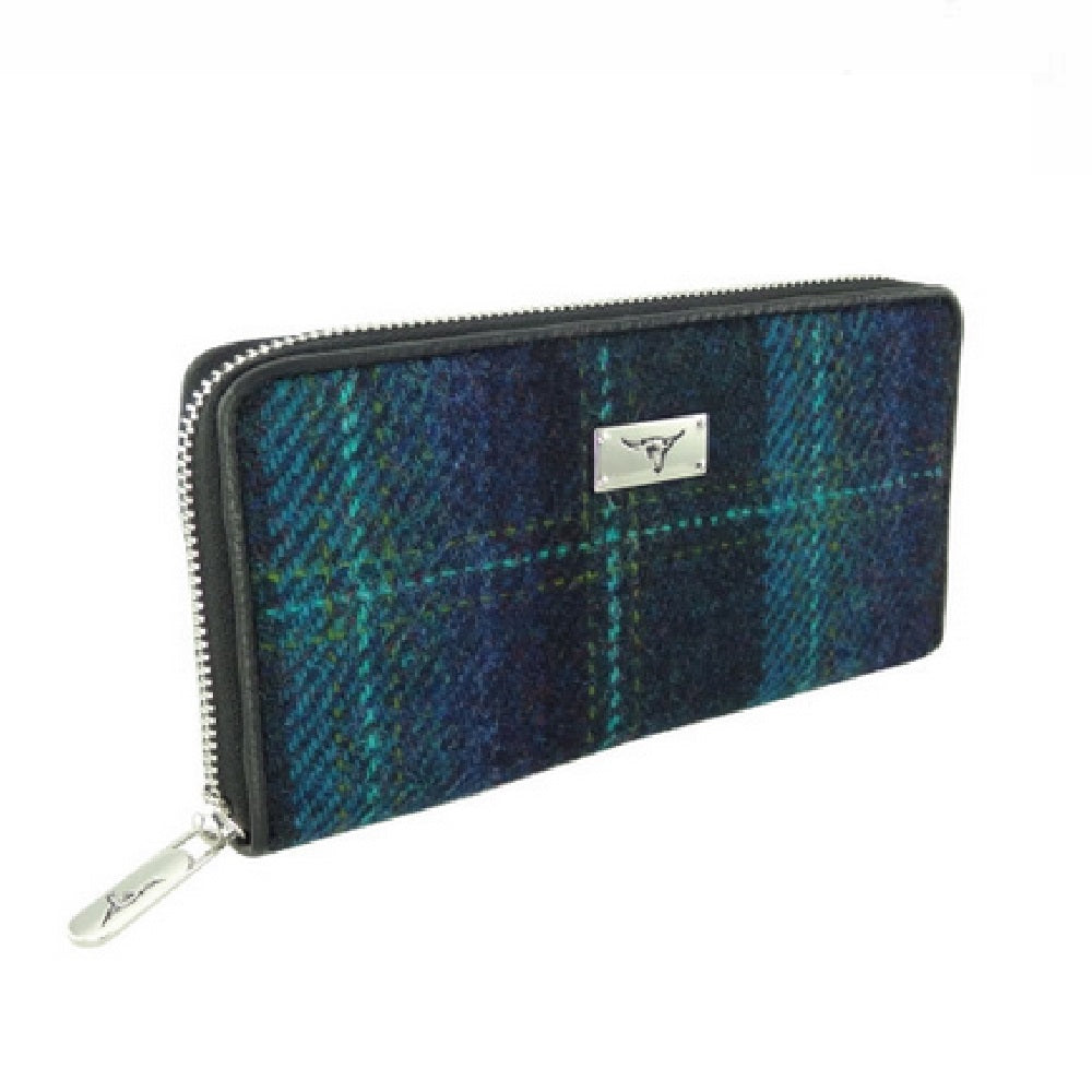 Glen Appin Harris Tweed Ladies Staffa Large Zip Purse Blue/Turquoise Check