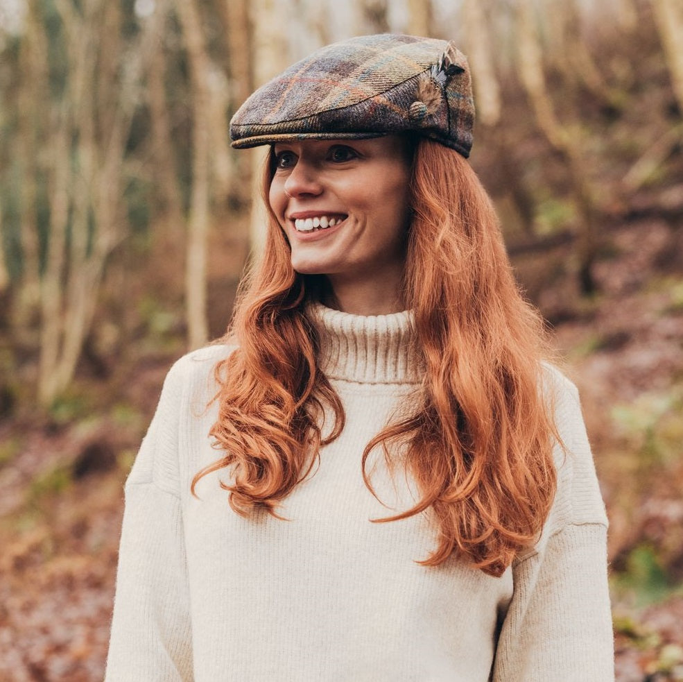 Failsworth Ladies Country Flat Cap With Feather In Green Tweed