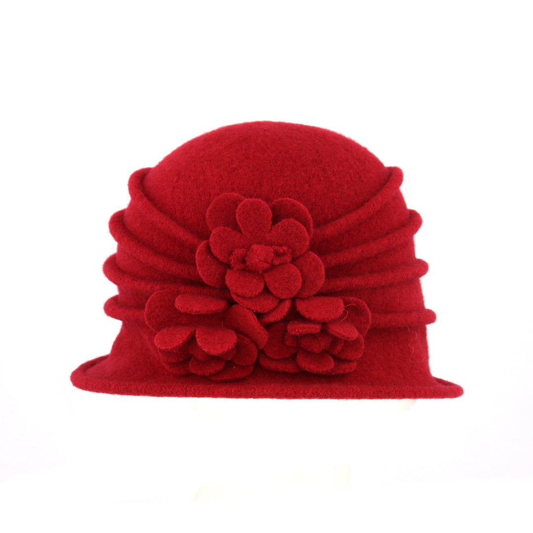 Berry Red Ribbed Wool Cloche Hat With Flower Detail