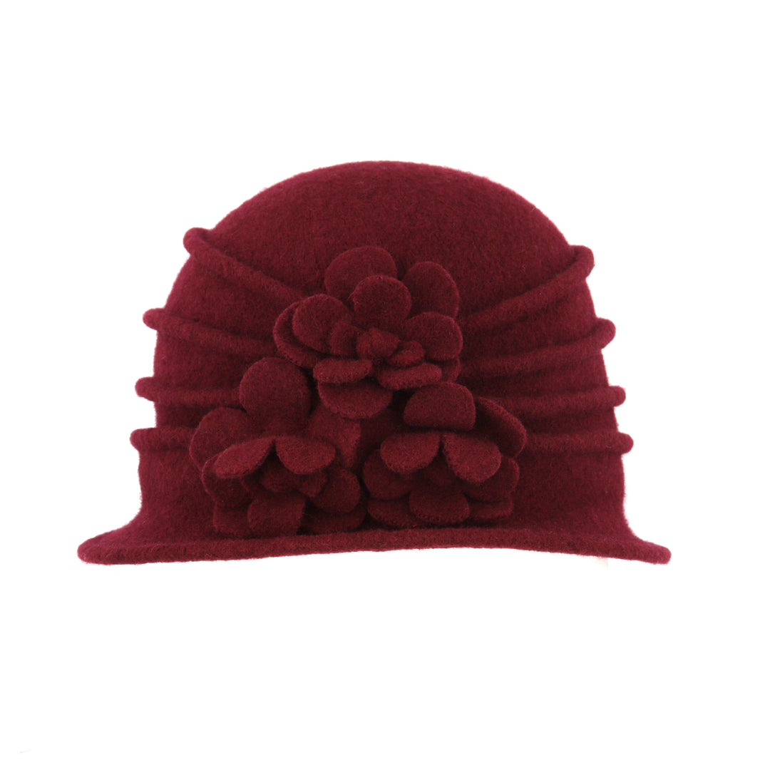 Burgundy Ribbed Wool Cloche Hat With Flower Detail