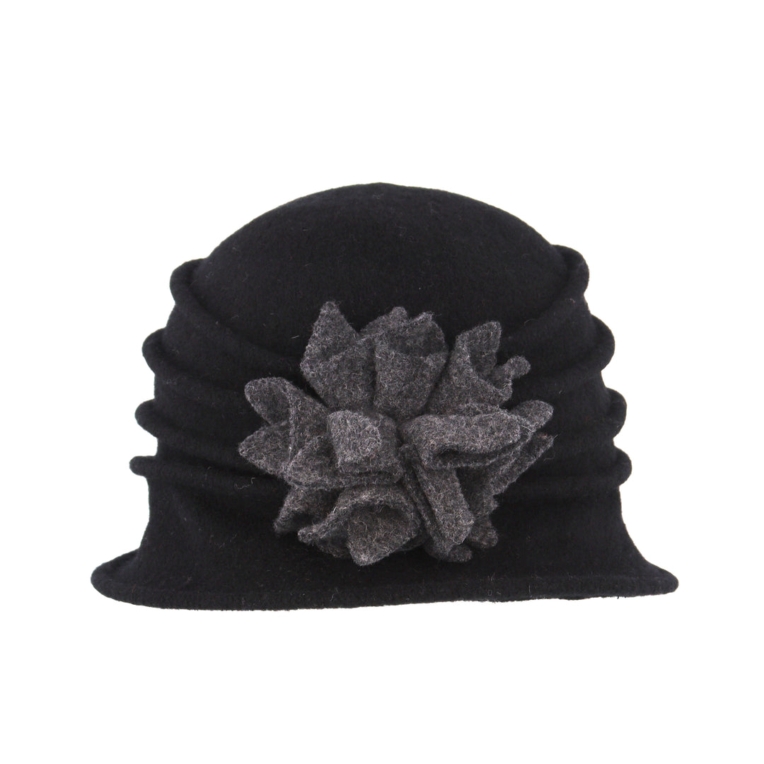 Black/Charcoal Wool Cloche Hat With Flower Detail