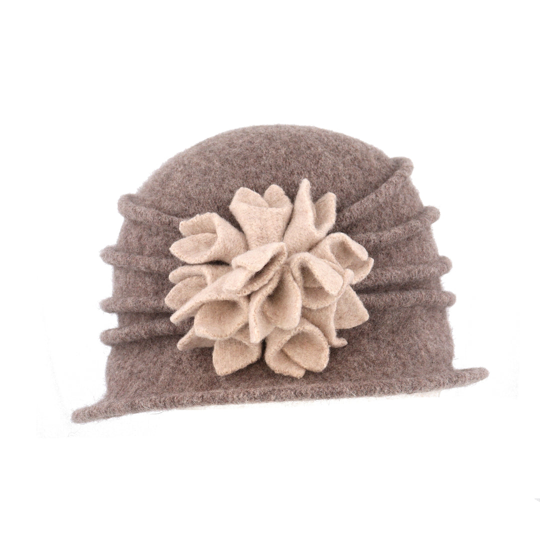 Oatmeal/Beige Wool Cloche Hat With Flower Detail