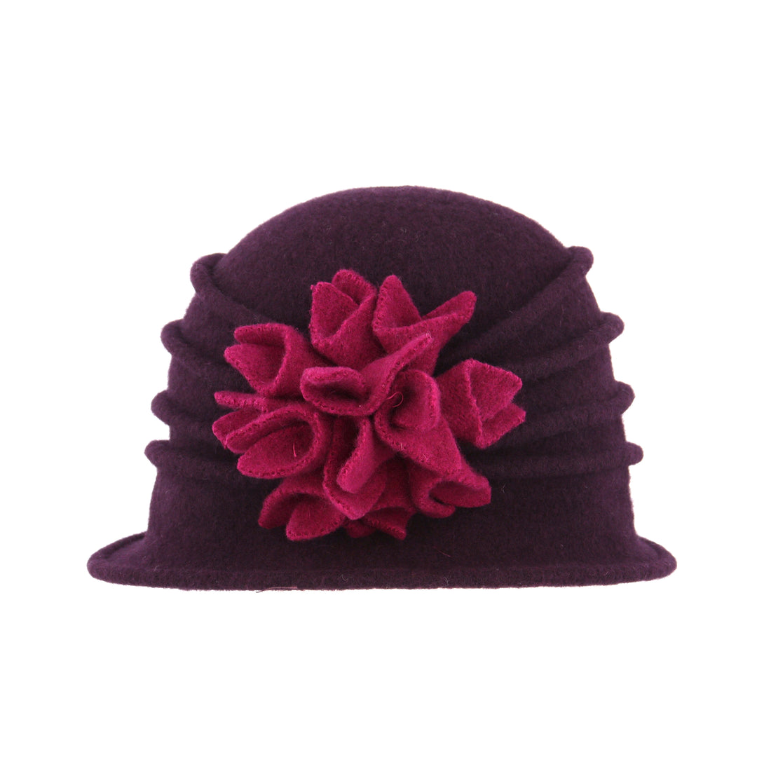Plum/Pink Wool Cloche Hat With Flower Detail