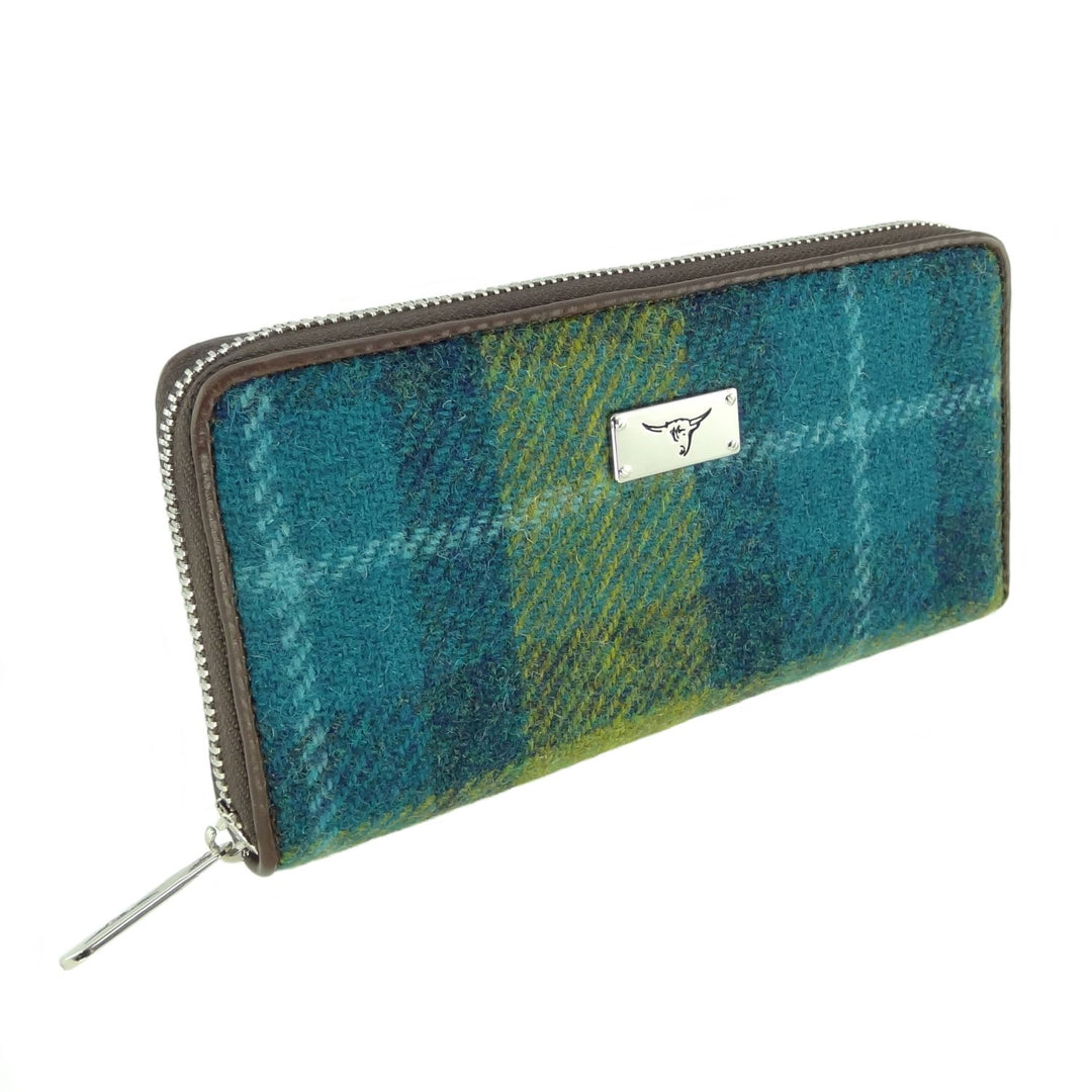 Glen Appin Harris Tweed Ladies Staffa Large Zip Purse Sea Blue Green/Check