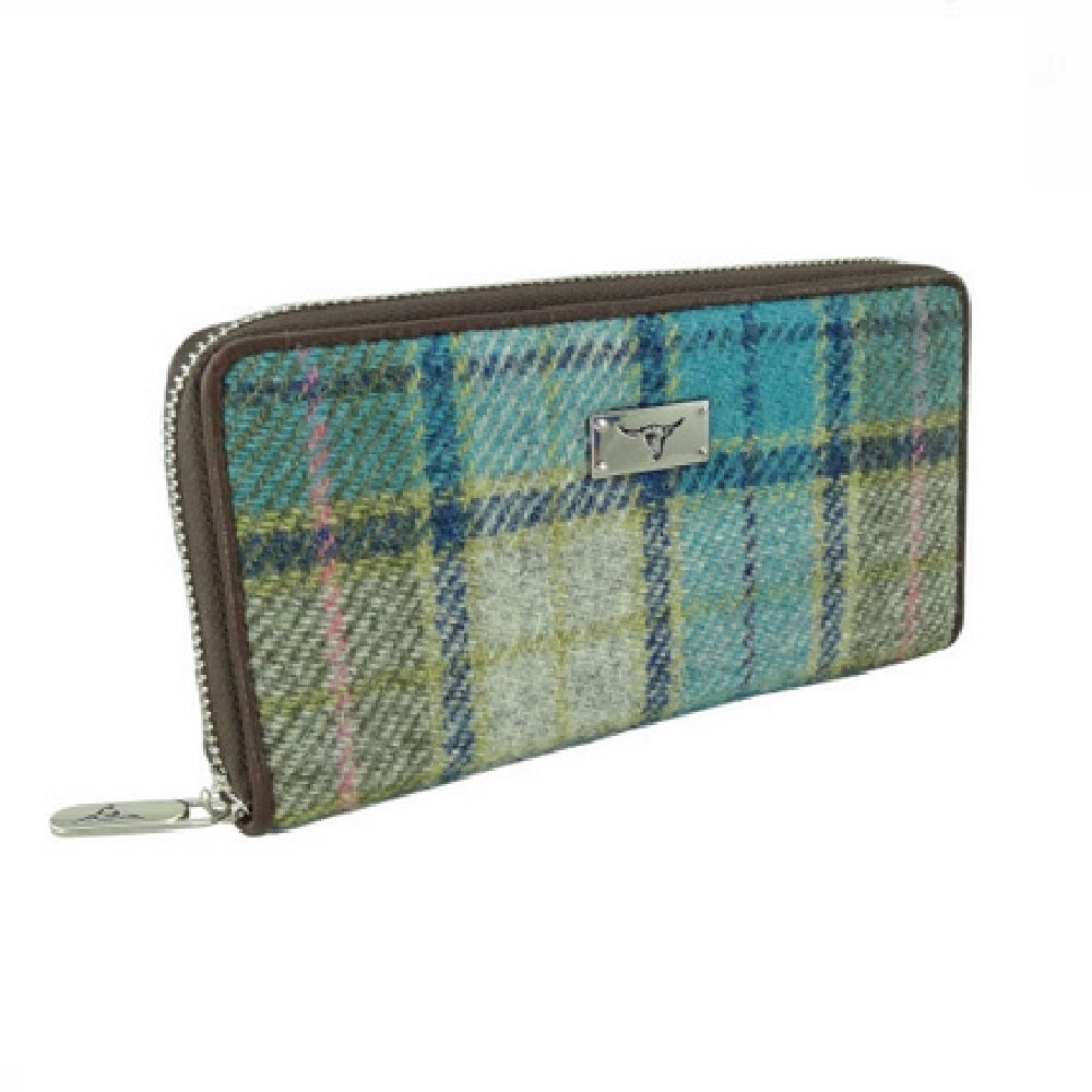 Glen Appin Harris Tweed Ladies Staffa Large Zip Purse Turquoise Tartan