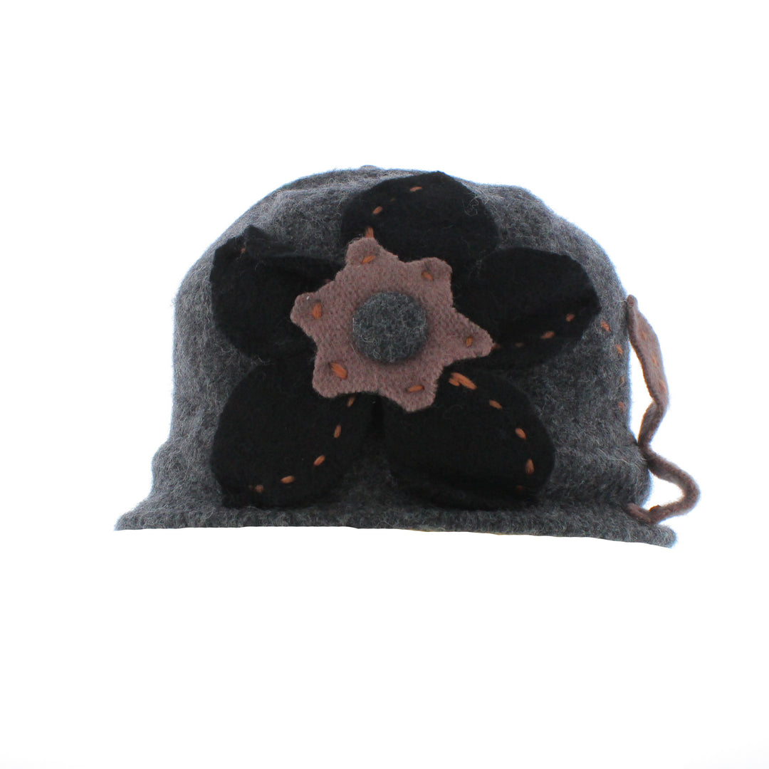 Grey Wool Pull On Beanie With Contrasting Flower Detail (BH5035)