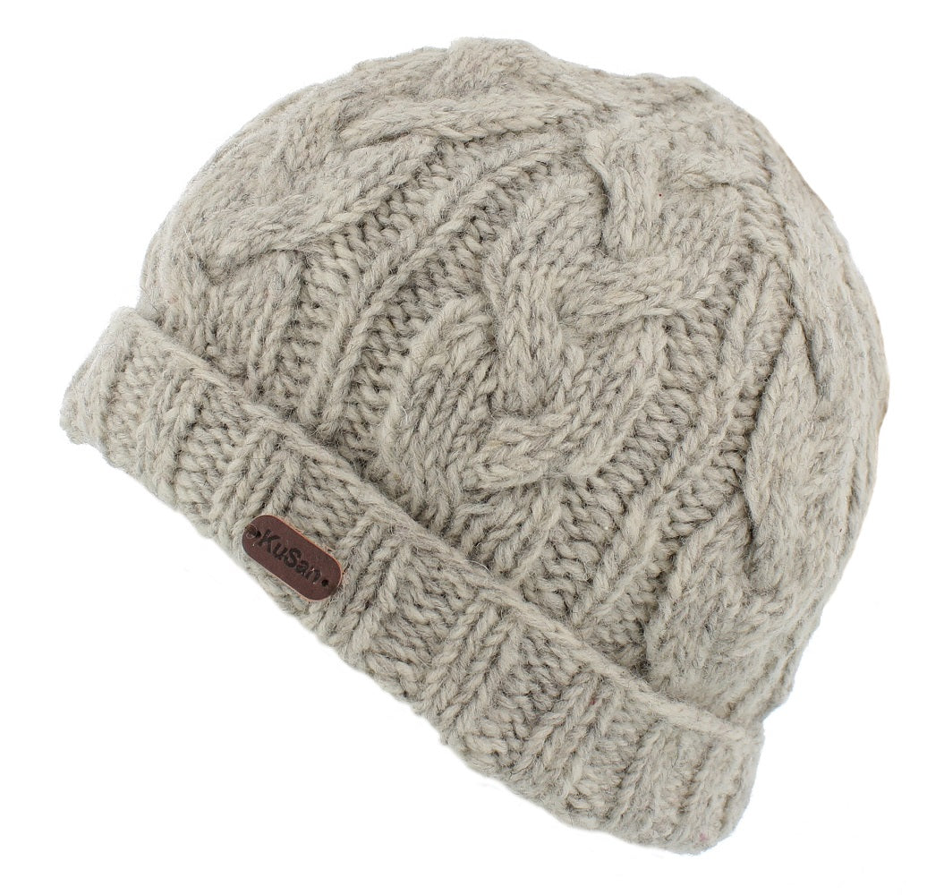 Kusan Cable Knit Turn-Up Beanie Hat Oatmeal (PK1528)