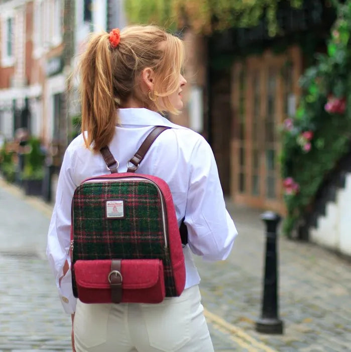 Glen Appin Harris Tweed Naver Backpack Plum with Green Check