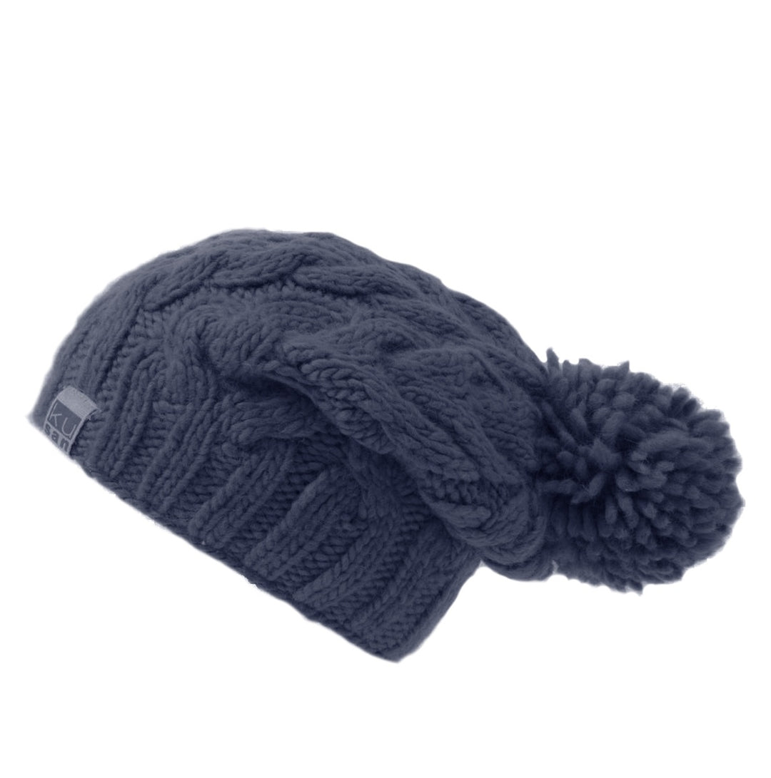 Kusan Cable Knit Wool Floppy Bobble Beanie Hat Navy