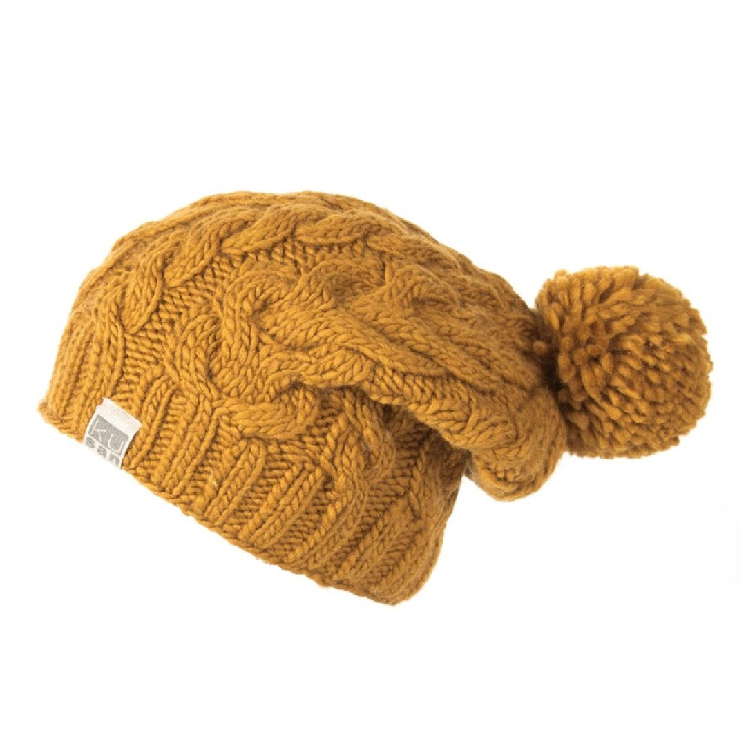 Kusan Cable Knit Wool Floppy Bobble Beanie Hat Yellow
