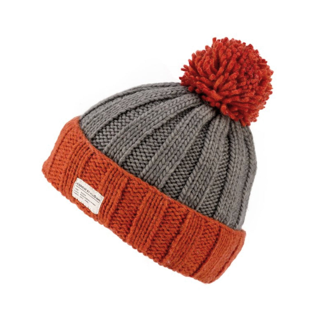 Kusan Moss Yarn Turn Up Bobble Beanie Hat Orange/Grey