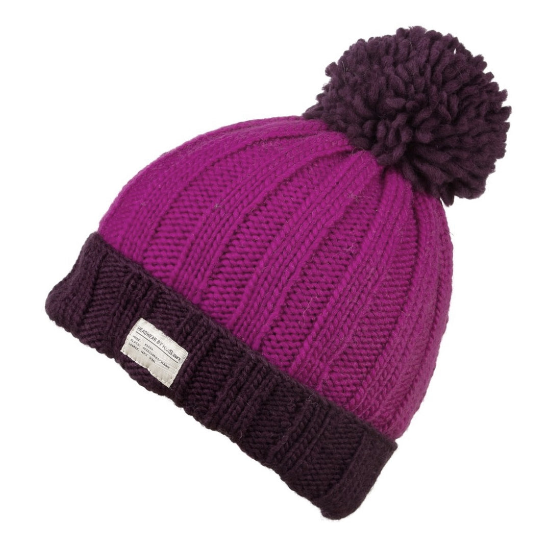 Kusan Moss Yarn Turn Up Bobble Beanie Hat Purple/Pink (PK1525)