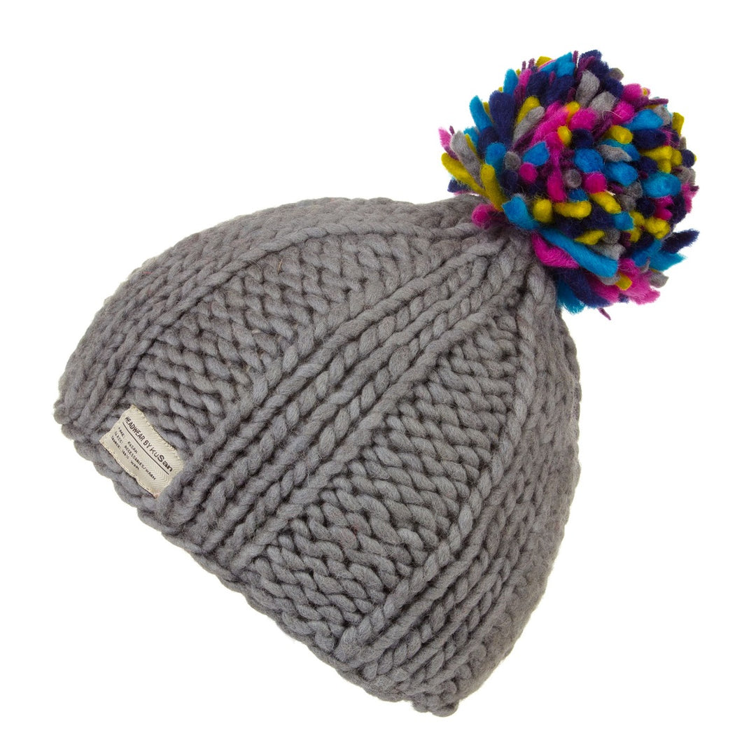 Kusan Yarn Bobble Beanie Hat With Multi Coloured Pom Grey (PK1724)