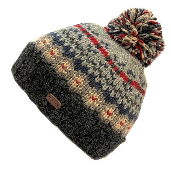 Kusan Wool Bobble Hat Charcoal/Red