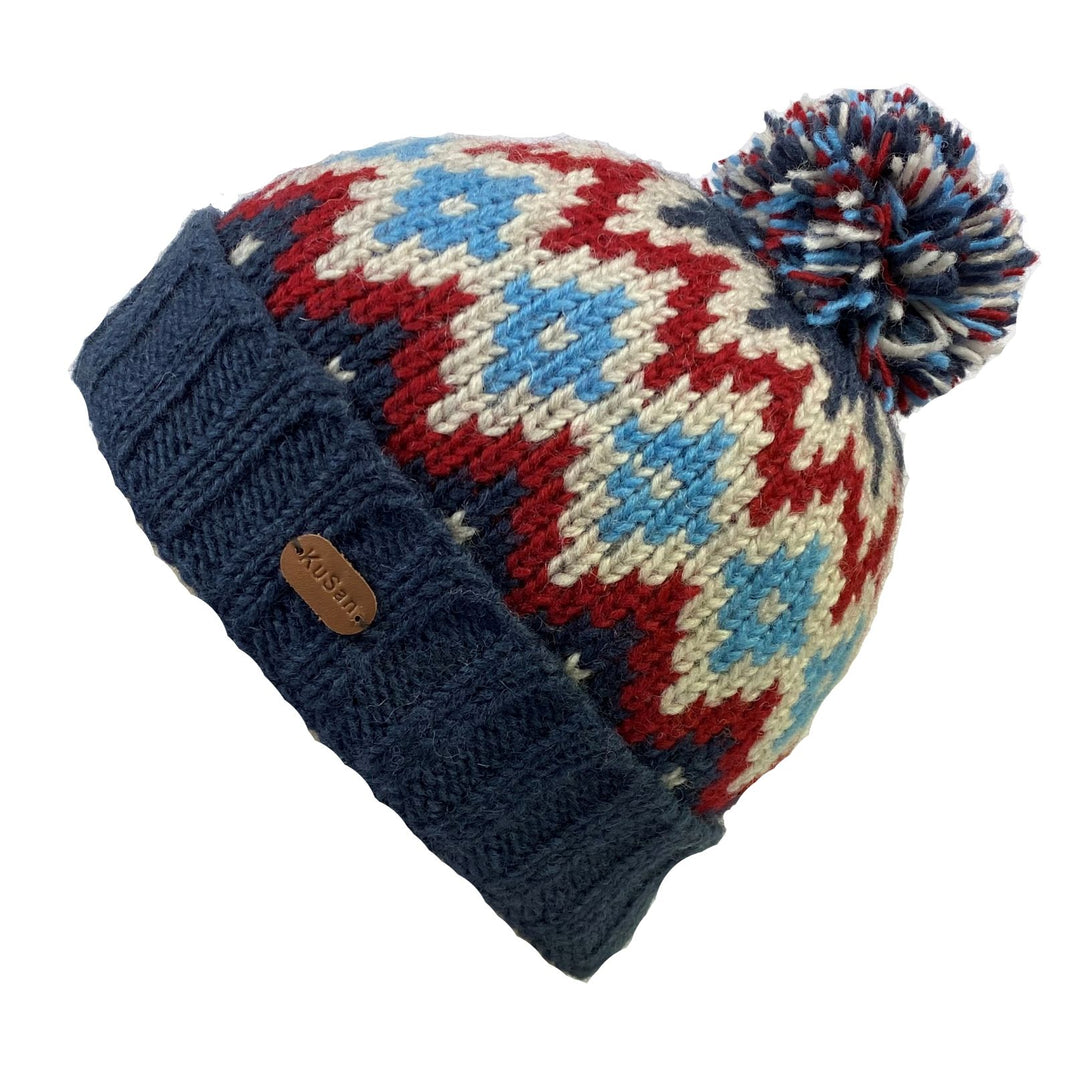 Kusan Turn Up Wool Bobble Hat Navy