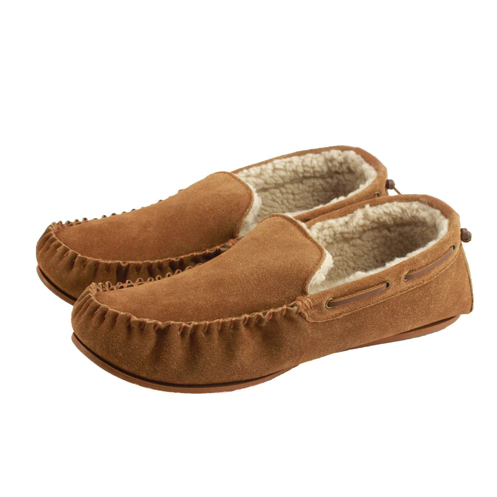 Men's Suede Moccasin Slippers In Chestnut â The Hat Company