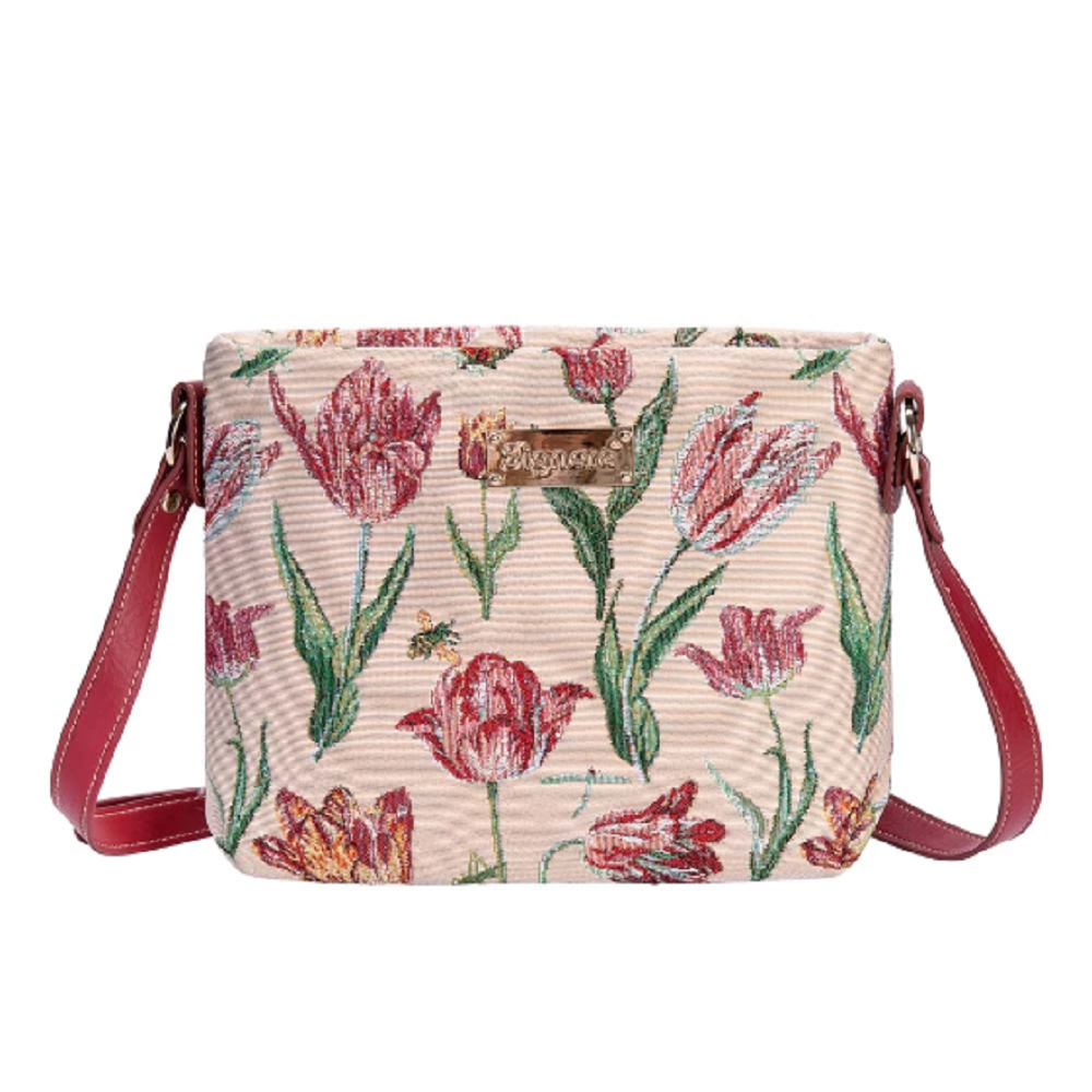 Signare Tapestry Crossbody Purse Small Shoulder Bag for Women with Tulip  Flower White Design (XB02- TULWT)